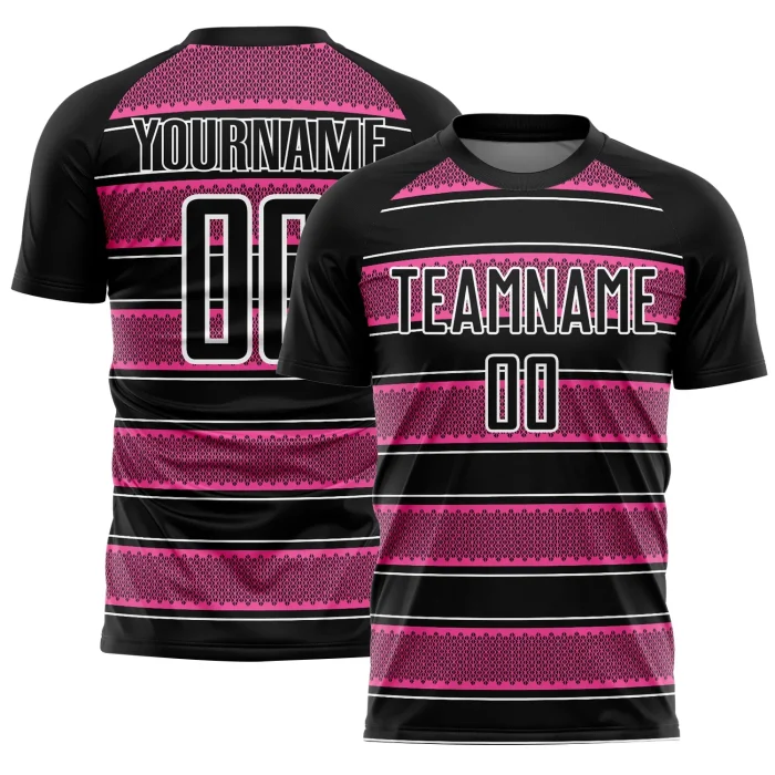 Custom Black Pink-White Geometric Shapes And Line Sublimation Soccer Uniform Jersey (5)