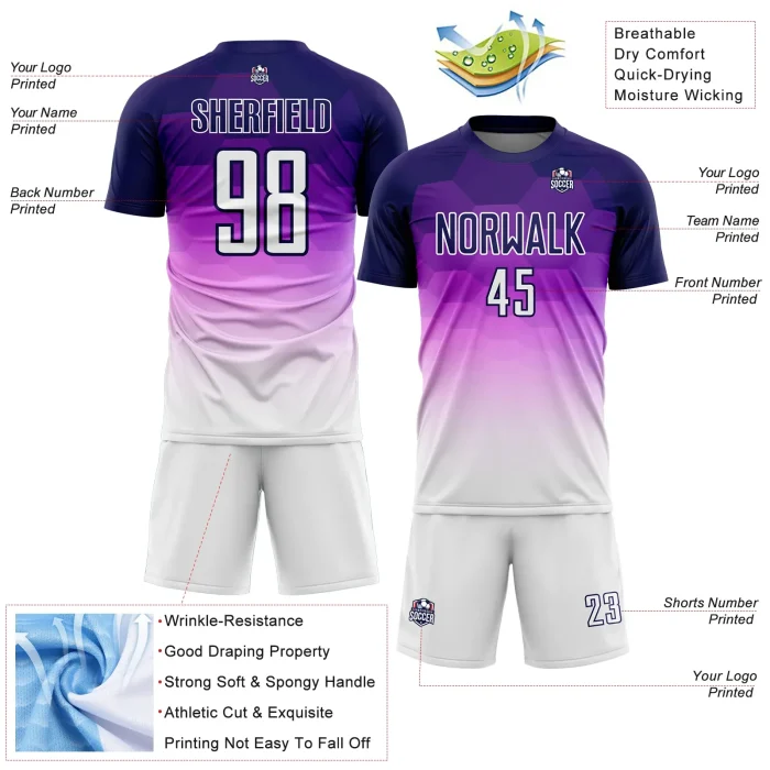 Custom Dark Purple White Gradient Hexagons Pattern Sublimation Soccer Uniform Jersey (1) Custom Dark Purple White Gradient Hexagons Pattern Sublimation Soccer Uniform Jersey (1)