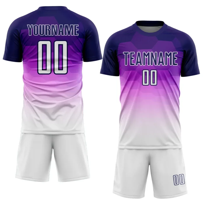 Custom Dark Purple White Gradient Hexagons Pattern Sublimation Soccer Uniform Jersey Custom Dark Purple White Gradient Hexagons Pattern Sublimation Soccer Uniform Jersey
