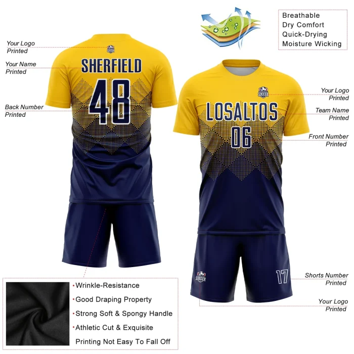 Custom Gold Navy-White Sublimation Soccer Uniform Jersey Custom Gold Navy-White Sublimation Soccer Uniform Jersey