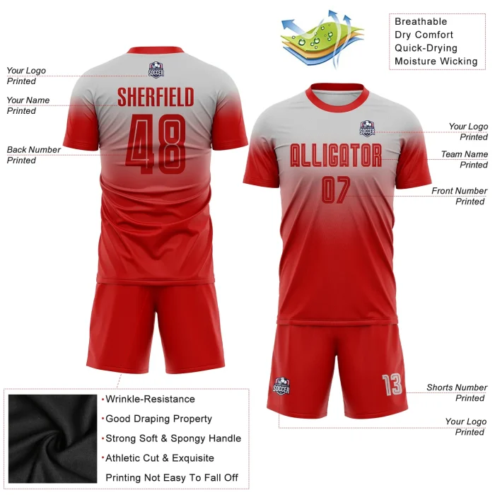 Custom Gray Red Sublimation Fade Fashion Soccer Uniform Jersey Custom Gray Red Sublimation Fade Fashion Soccer Uniform Jersey
