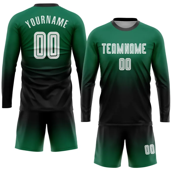 Custom Kelly Green White-Black Sublimation Long Sleeve Fade Fashion Soccer Uniform Jersey (1) Custom Kelly Green White-Black Sublimation Long Sleeve Fade Fashion Soccer Uniform Jersey (1)