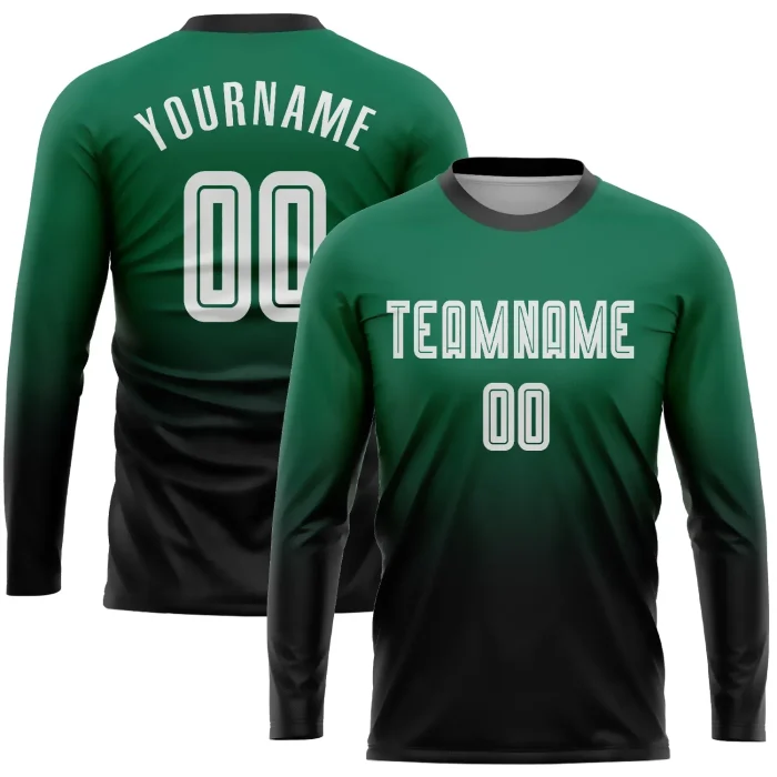 Custom Kelly Green White-Black Sublimation Long Sleeve Fade Fashion Soccer Uniform Jersey (4)