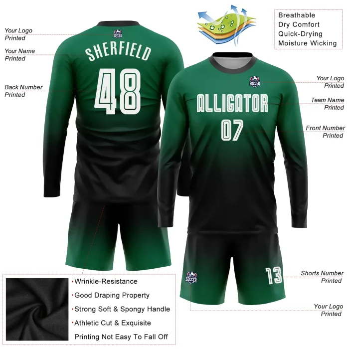 Custom Kelly Green White-Black Sublimation Long Sleeve Fade Fashion Soccer Uniform Jersey Custom Kelly Green White-Black Sublimation Long Sleeve Fade Fashion Soccer Uniform Jersey