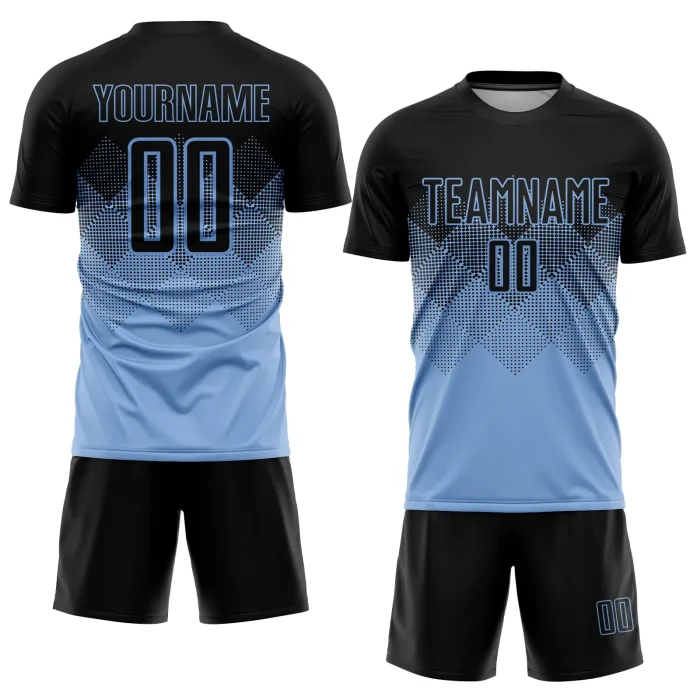 Custom Light Blue Black Sublimation Soccer Uniform Jersey (1) Custom Light Blue Black Sublimation Soccer Uniform Jersey (1)
