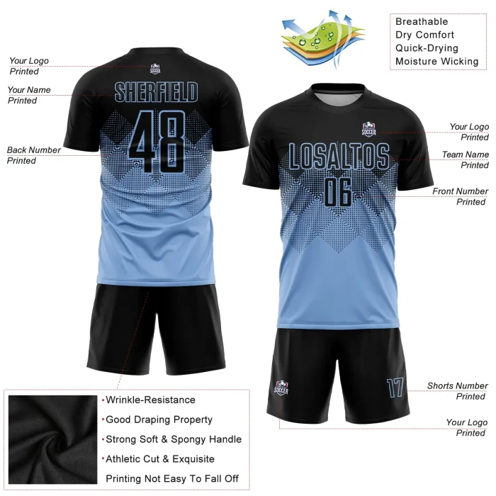 Custom Light Blue Black Sublimation Soccer Uniform Jersey Custom Light Blue Black Sublimation Soccer Uniform Jersey