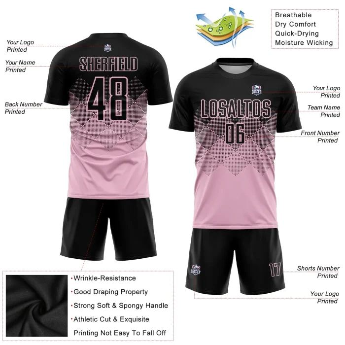 Custom Light Pink Black Sublimation Soccer Uniform Jersey Custom Light Pink Black Sublimation Soccer Uniform Jersey