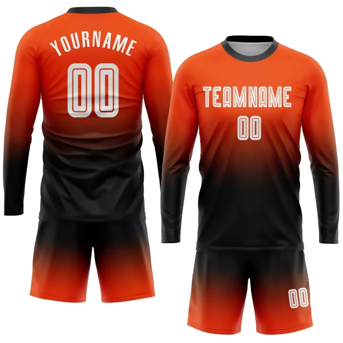Custom Orange White-Black Sublimation Long Sleeve Fade Fashion Soccer Uniform Jersey (1) Custom Orange White-Black Sublimation Long Sleeve Fade Fashion Soccer Uniform Jersey (1)