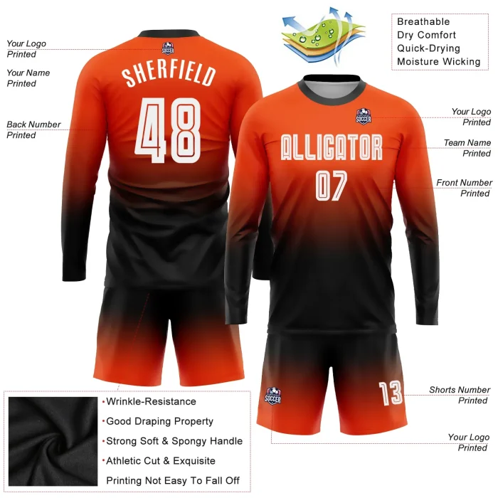 Custom Orange White-Black Sublimation Long Sleeve Fade Fashion Soccer Uniform Jersey Custom Orange White-Black Sublimation Long Sleeve Fade Fashion Soccer Uniform Jersey