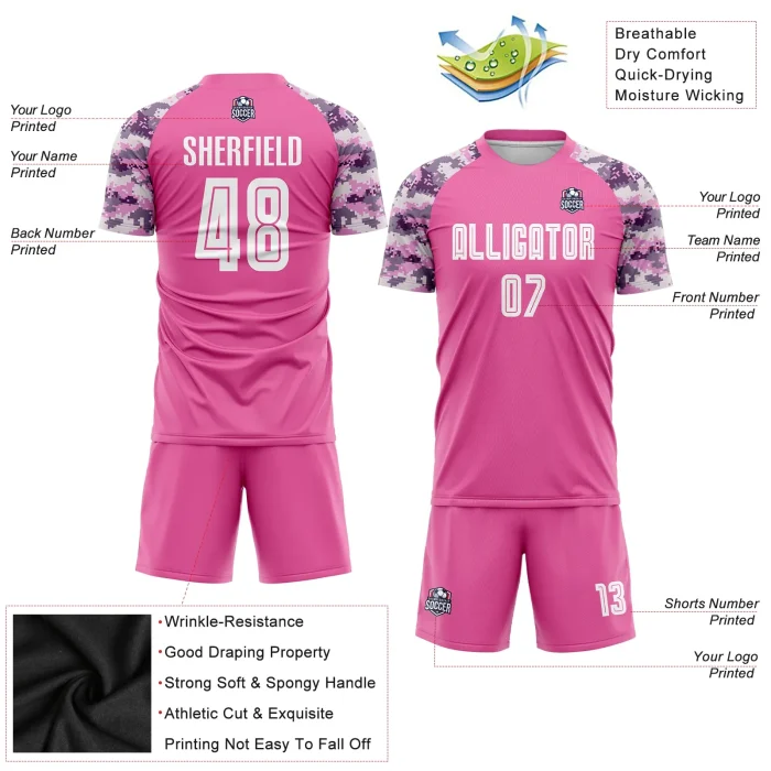 Custom Pink White-Camo Sublimation Soccer Uniform Jersey Custom Pink White-Camo Sublimation Soccer Uniform Jersey
