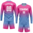 Custom Pink White-Light Blue Sublimation Long Sleeve Fade Fashion Soccer Uniform Jersey (1)
