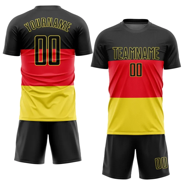 Custom Red Black-Gold Sublimation German Flag Soccer Uniform Jersey (1) Custom Red Black-Gold Sublimation German Flag Soccer Uniform Jersey (1)