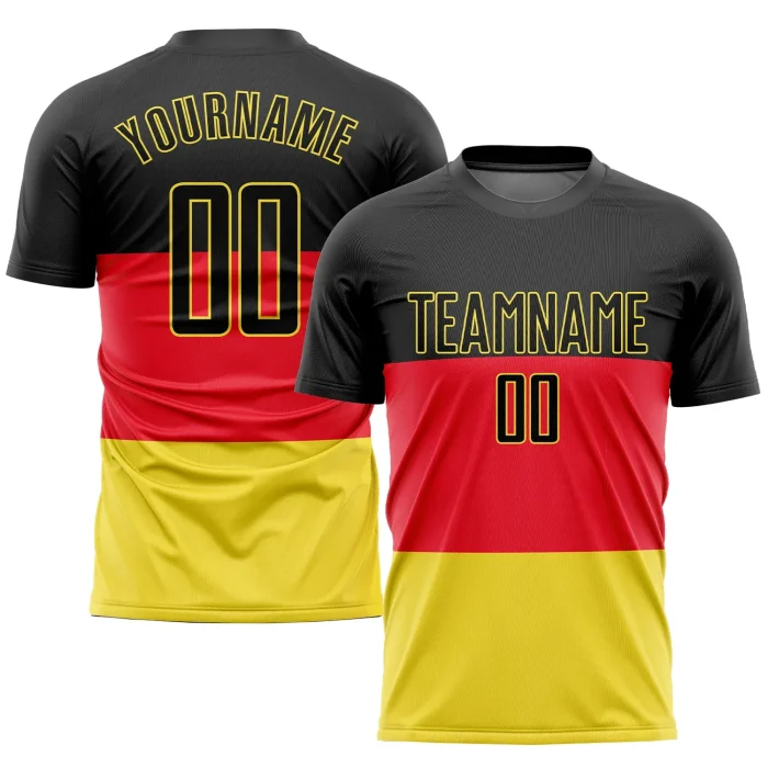 Custom Red Black-Gold Sublimation German Flag Soccer Uniform Jersey (3) Custom Red Black-Gold Sublimation German Flag Soccer Uniform Jersey (3)