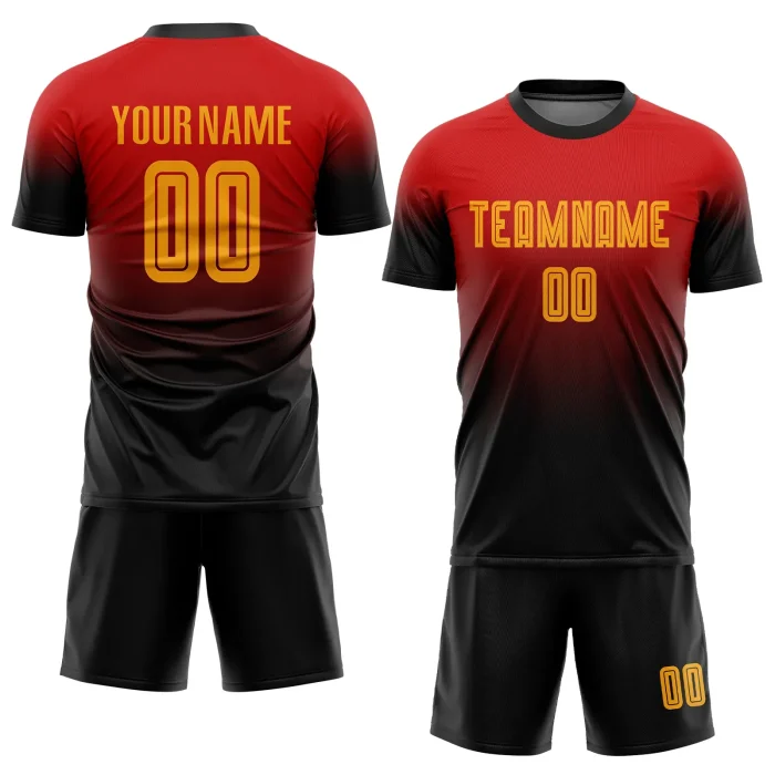 Custom Red Gold-Black Sublimation Fade Fashion Soccer Uniform Jersey (1) Custom Red Gold-Black Sublimation Fade Fashion Soccer Uniform Jersey (1)