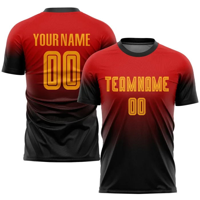 Custom Red Gold-Black Sublimation Fade Fashion Soccer Uniform Jersey (4)