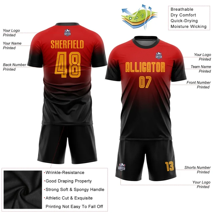 Custom Red Gold-Black Sublimation Fade Fashion Soccer Uniform Jersey Custom Red Gold-Black Sublimation Fade Fashion Soccer Uniform Jersey