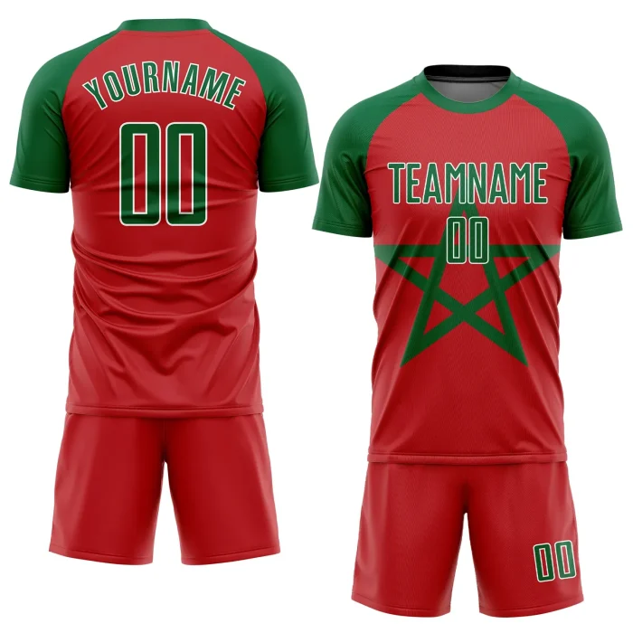 Custom Red Kelly Green-White Sublimation Moroccan Flag Soccer Uniform Jersey Custom Red Kelly Green-White Sublimation Moroccan Flag Soccer Uniform Jersey