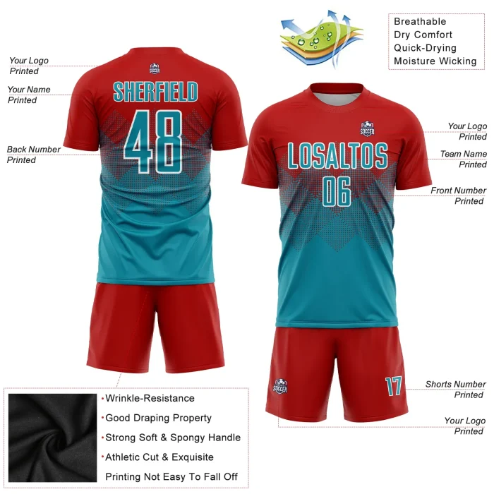 Custom Red Teal-White Sublimation Soccer Uniform Jersey Custom Red Teal-White Sublimation Soccer Uniform Jersey