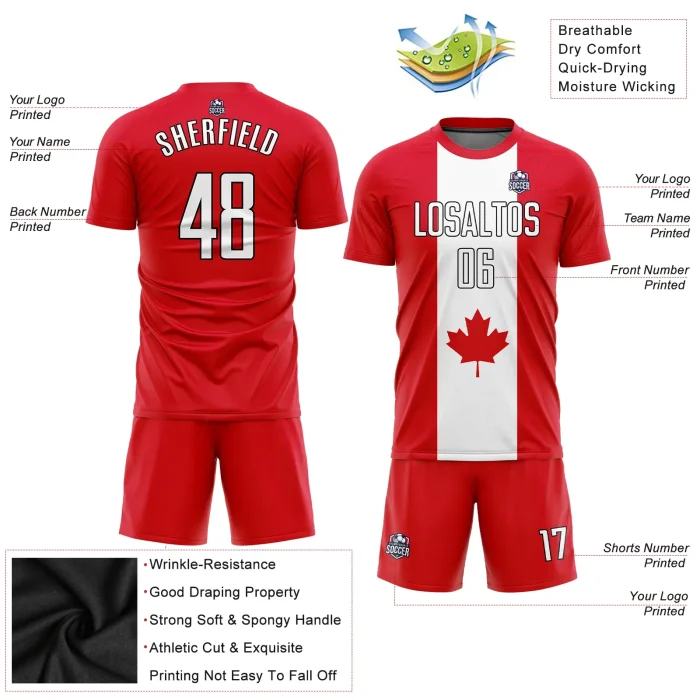 Custom Red White-Black Sublimation Canadian Flag Soccer Uniform Jersey Custom Red White-Black Sublimation Canadian Flag Soccer Uniform Jersey