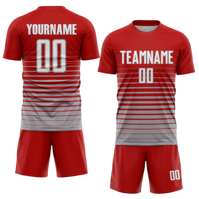 Custom Red White-Gray Pinstripe Fade Fashion Sublimation Soccer Uniform Jersey (1) Custom Red White-Gray Pinstripe Fade Fashion Sublimation Soccer Uniform Jersey (1)