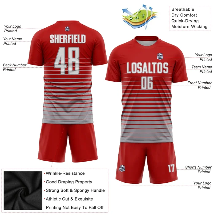 Custom Red White-Gray Pinstripe Fade Fashion Sublimation Soccer Uniform Jersey Custom Red White-Gray Pinstripe Fade Fashion Sublimation Soccer Uniform Jersey