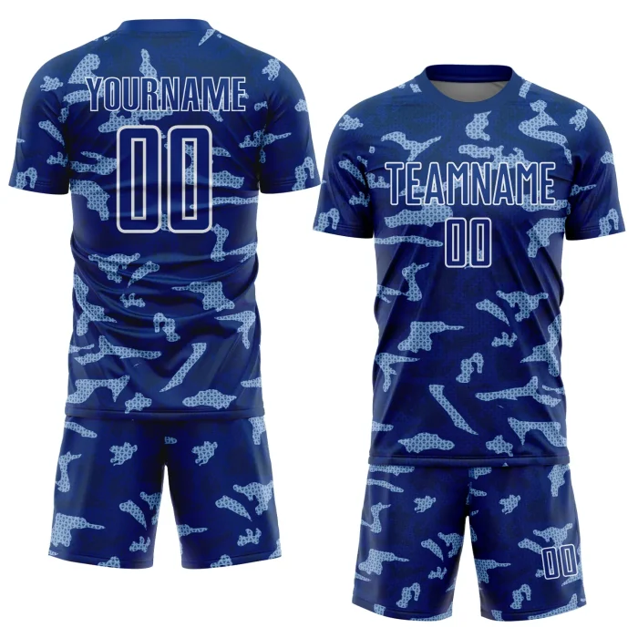 Custom Royal White Geometric Shapes Sublimation Soccer Uniform Jersey (1) Custom Royal White Geometric Shapes Sublimation Soccer Uniform Jersey (1)