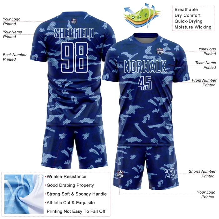 Custom Royal White Geometric Shapes Sublimation Soccer Uniform Jersey Custom Royal White Geometric Shapes Sublimation Soccer Uniform Jersey