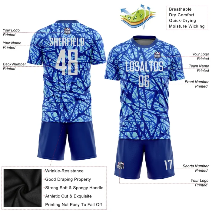 Custom Royal White-Light Blue Sublimation Soccer Uniform Jersey Custom Royal White-Light Blue Sublimation Soccer Uniform Jersey