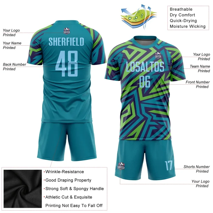 Custom Teal Light Blue-Kelly Green Sublimation Soccer Uniform Jersey Custom Teal Light Blue-Kelly Green Sublimation Soccer Uniform Jersey