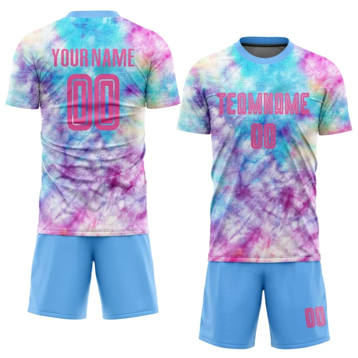Custom Tie Dye Pink-Light Blue Sublimation Soccer Uniform Jersey (1) Custom Tie Dye Pink-Light Blue Sublimation Soccer Uniform Jersey (1)