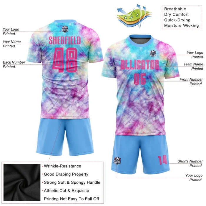 Custom Tie Dye Pink-Light Blue Sublimation Soccer Uniform Jersey Custom Tie Dye Pink-Light Blue Sublimation Soccer Uniform Jersey