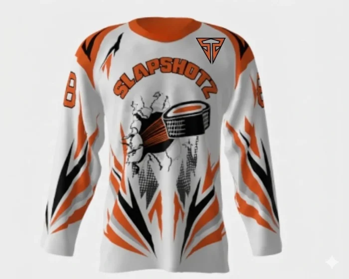 Slapshotz White Hockey Jersey front Slapshotz White Hockey Jersey